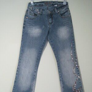 YOUNIQUE Women's Jr Size 5 Embellished Low Rise Y2K Vtg Flare Bootcut Blue Jeans